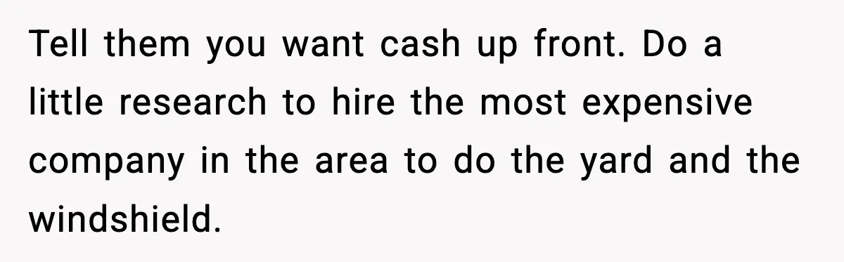 Tell them you want cash up front. Do a little research to hire the most expensive company in the area to do the yard and the windshield.