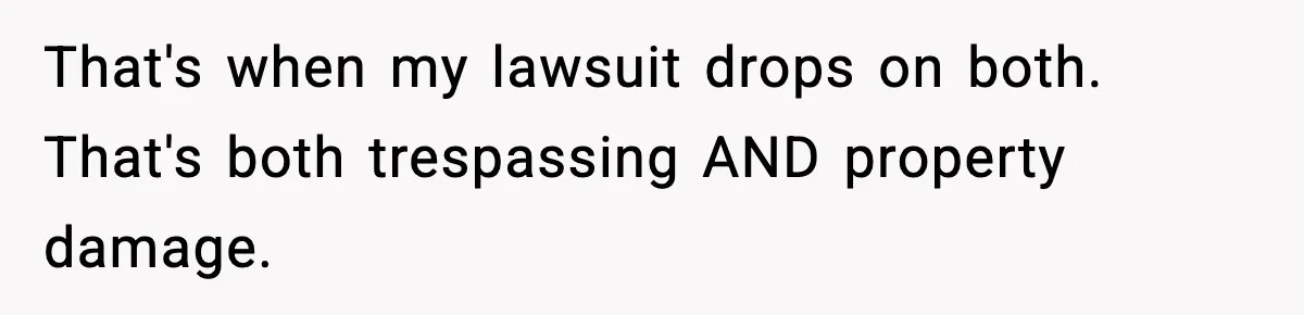 That's when my lawsuit drops on both. That's both trespassing AND property damage.