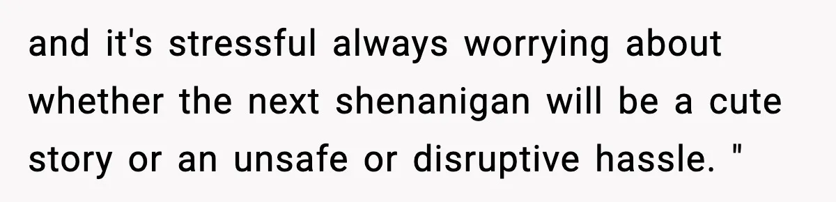 and it's stressful always worrying about whether the next shenanigan will be a cute story or an unsafe or disruptive hassle. "