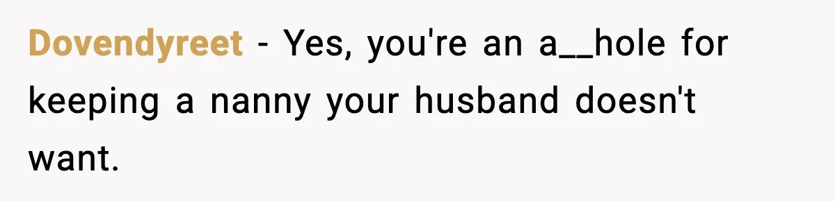 Dovendyreet − Yes, you're an a__hole for keeping a nanny your husband doesn't want.
