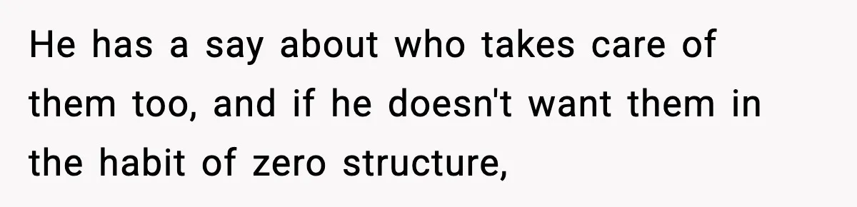 He has a say about who takes care of them too, and if he doesn't want them in the habit of zero structure,