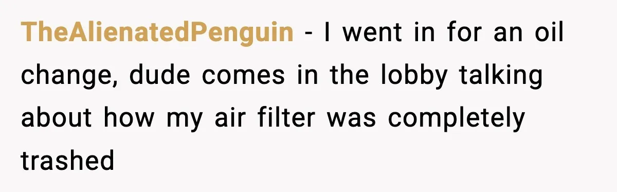 Mechanic Called Her "Sweetheart", So She Accused Him Of Murdering Her Car Door Lock TheAlienatedPenguin − I went in for an oil change, dude comes in the lobby talking about how my air filter was completely trashed