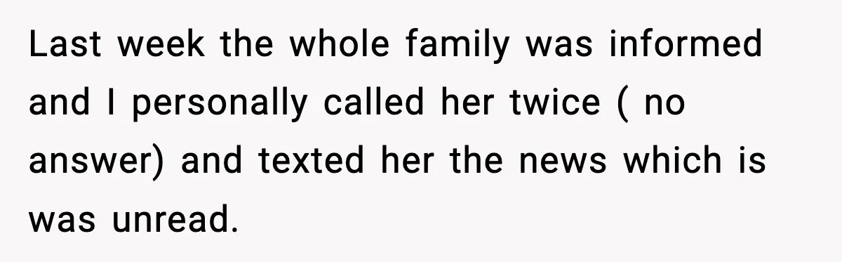 Daughter Ignored Every Message, Then Blamed Dad For Missing Grandma’s Funeral Last week the whole family was informed and I personally called her twice ( no answer) and texted her the news which is was unread.