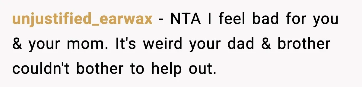 unjustified_earwax − NTA I feel bad for you & your mom. It's weird your dad & brother couldn't bother to help out.