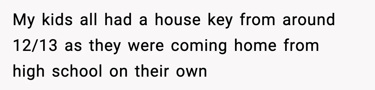 Teen Tries To Leave After Parents Threaten To Kick Her Out, Then Gets Blamed For “Causing Drama” My kids all had a house key from around 12/13 as they were coming home from high school on their own