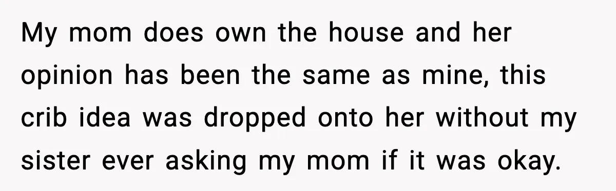 Sister Buys a Crib for Her Mom’s House, Then Demands Her Brother Sacrifice His Only Private Space My mom does own the house and her opinion has been the same as mine, this crib idea was dropped onto her without my sister ever asking my mom if...