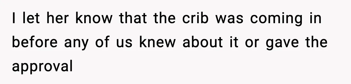 Sister Buys a Crib for Her Mom’s House, Then Demands Her Brother Sacrifice His Only Private Space I let her know that the crib was coming in before any of us knew about it or gave the approval