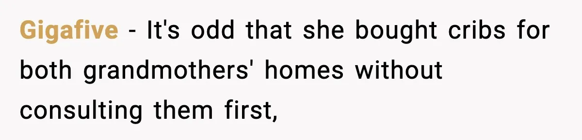 Sister Buys a Crib for Her Mom’s House, Then Demands Her Brother Sacrifice His Only Private Space Gigafive − It's odd that she bought cribs for both grandmothers' homes without consulting them first,