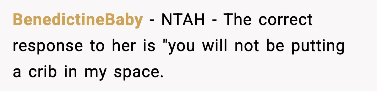 Sister Buys a Crib for Her Mom’s House, Then Demands Her Brother Sacrifice His Only Private Space BenedictineBaby − NTAH - The correct response to her is "you will not be putting a crib in my space.