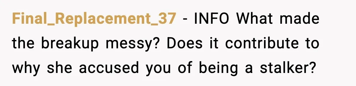 Final_Replacement_37 − INFO What made the breakup messy? Does it contribute to why she accused you of being a stalker?