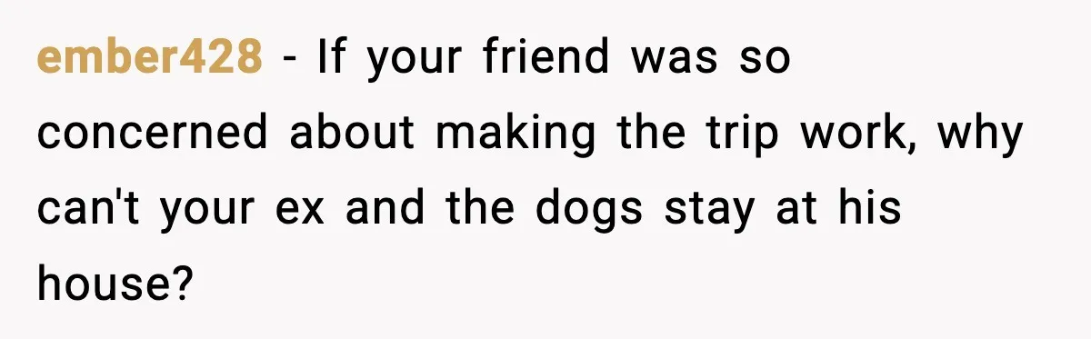 Man Refuses To Let His Ex-Wife Stay At His House, Now His Friends Are Canceling The Vacation ember428 − If your friend was so concerned about making the trip work, why can't your ex and the dogs stay at his house?