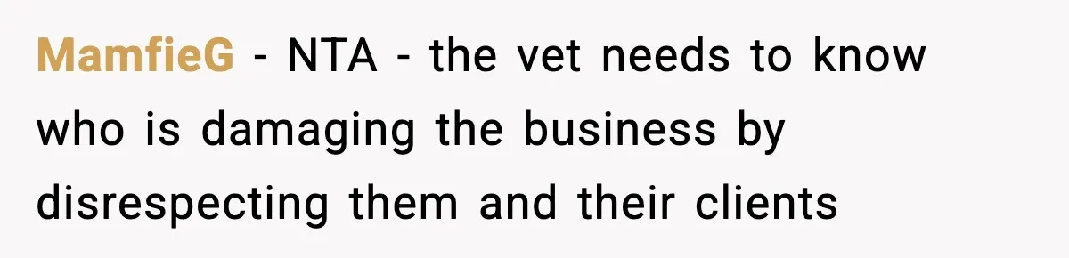 Vet Receptionist Blames the Doctor for Every Mistake, Now One Cat Owner Wants the Truth to Come Out MamfieG − NTA - the vet needs to know who is damaging the business by disrespecting them and their clients