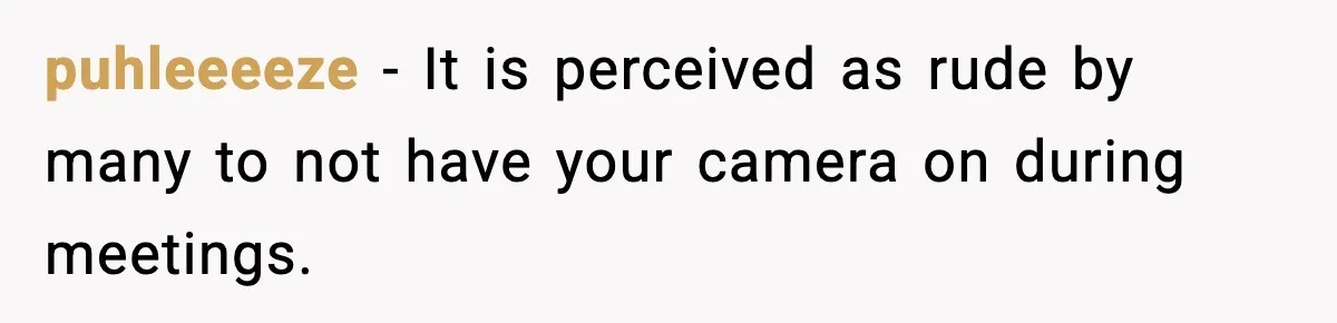 puhleeeeze − It is perceived as rude by many to not have your camera on during meetings.