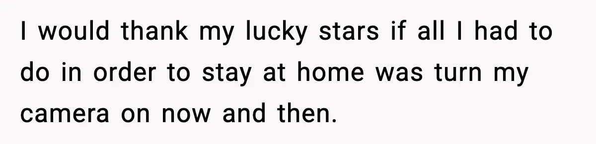 I would thank my lucky stars if all I had to do in order to stay at home was turn my camera on now and then.