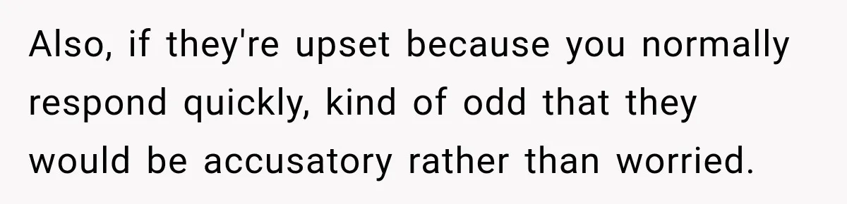 Also, if they're upset because you normally respond quickly, kind of odd that they would be accusatory rather than worried.