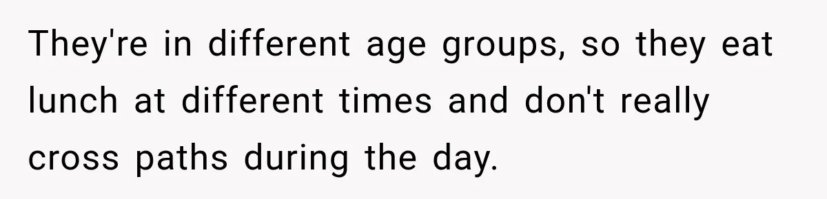 Woman Lied To Summer Camp Kids To Get Extra Dessert For Her Niece, Was She Wrong? They're in different age groups, so they eat lunch at different times and don't really cross paths during the day.