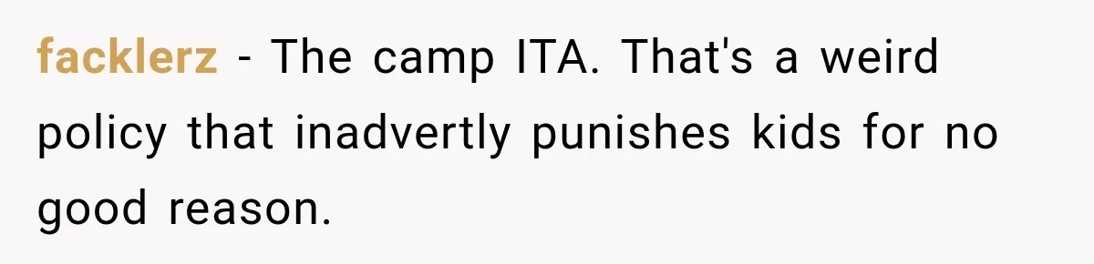 Woman Lied To Summer Camp Kids To Get Extra Dessert For Her Niece, Was She Wrong? facklerz − The camp ITA. That's a weird policy that inadvertly punishes kids for no good reason.