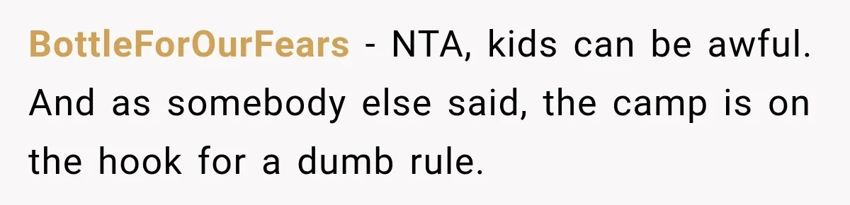 Woman Lied To Summer Camp Kids To Get Extra Dessert For Her Niece, Was She Wrong? BottleForOurFears − NTA, kids can be awful. And as somebody else said, the camp is on the hook for a dumb rule.