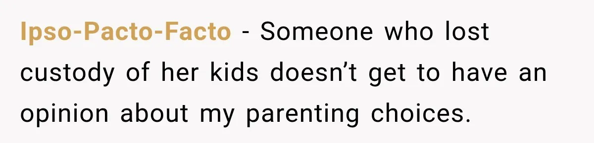 Ipso-Pacto-Facto − Someone who lost custody of her kids doesn’t get to have an opinion about my parenting choices.