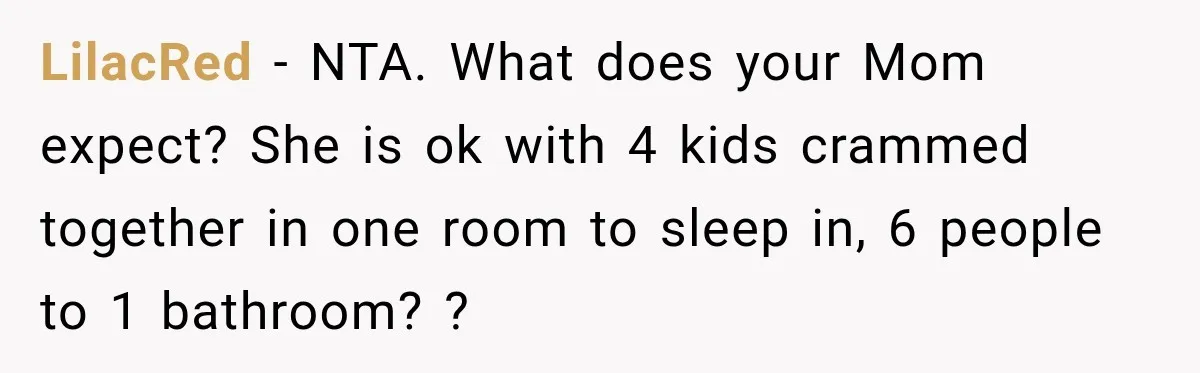 LilacRed − NTA. What does your Mom expect? She is ok with 4 kids crammed together in one room to sleep in, 6 people to 1 bathroom? ?