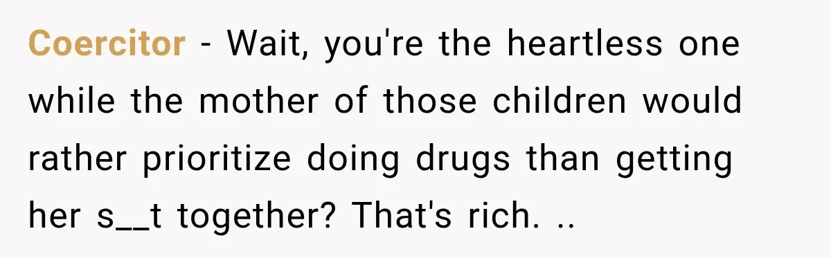 Coercitor − Wait, you're the heartless one while the mother of those children would rather prioritize doing drugs than getting her s__t together? That's rich. ..