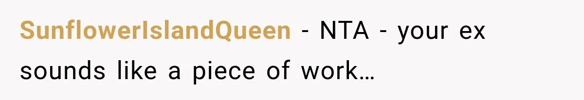 SunflowerIslandQueen − NTA - your ex sounds like a piece of work…