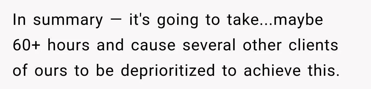 Coworker Sends Unapproved AI Designs, Gets Fired, Director Wonders If She’s The Jerk In summary — it's going to take...maybe 60+ hours and cause several other clients of ours to be deprioritized to achieve this.