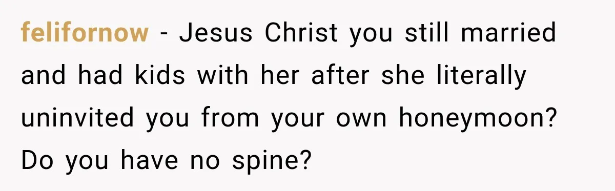 After Years Of Abuse And Manipulation, Husband Draws Line With Wife’s Aggressive Relatives felifornow − Jesus Christ you still married and had kids with her after she literally uninvited you from your own honeymoon? Do you have no spine?