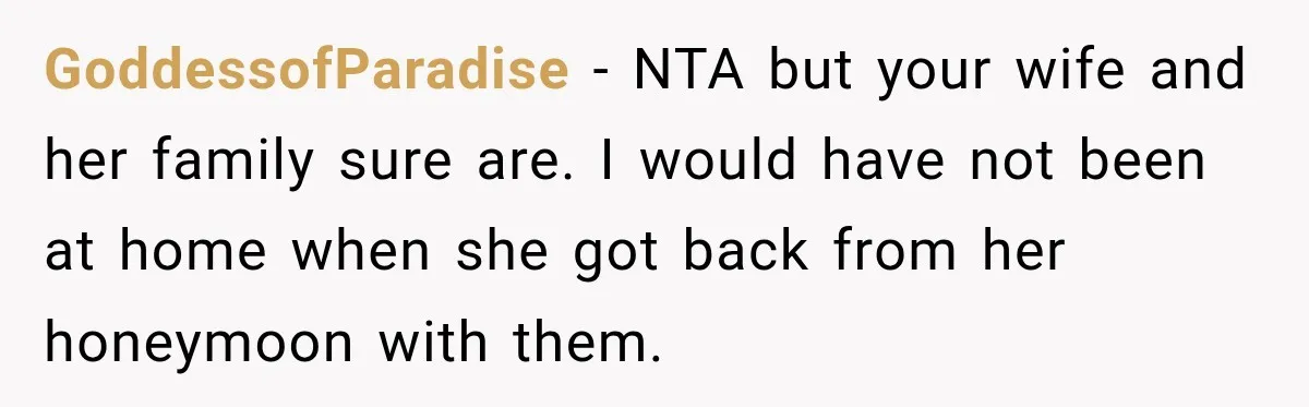 After Years Of Abuse And Manipulation, Husband Draws Line With Wife’s Aggressive Relatives GoddessofParadise − NTA but your wife and her family sure are. I would have not been at home when she got back from her honeymoon with them.