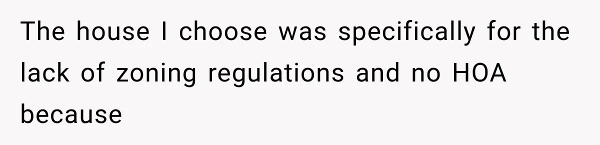 They Legally Do Everything Zoning Allows, Yet Three Of Four Neighbors Are Furious The house I choose was specifically for the lack of zoning regulations and no HOA because