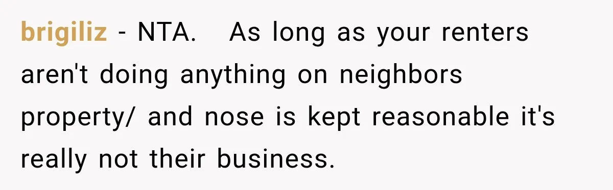 They Legally Do Everything Zoning Allows, Yet Three Of Four Neighbors Are Furious brigiliz − NTA. As long as your renters aren't doing anything on neighbors property/ and nose is kept reasonable it's really not their business.