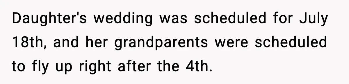 Couple Refuses To Fund In-Laws’ Private Flights Twice, Sparks Family Drama Ahead Of Daughter’s Wedding Daughter's wedding was scheduled for July 18th, and her grandparents were scheduled to fly up right after the 4th.