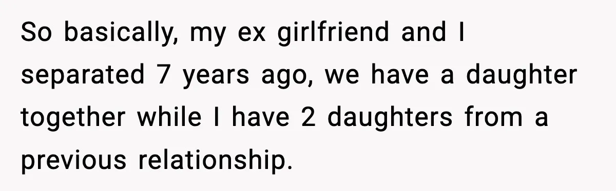 Woman Takes Job Far From Home, Ex Won’t Rearrange Life To Cover School Runs So basically, my ex girlfriend and I separated 7 years ago, we have a daughter together while I have 2 daughters from a previous relationship.
