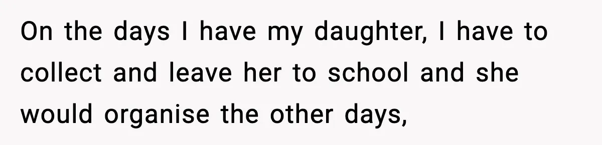Woman Takes Job Far From Home, Ex Won’t Rearrange Life To Cover School Runs On the days I have my daughter, I have to collect and leave her to school and she would organise the other days,