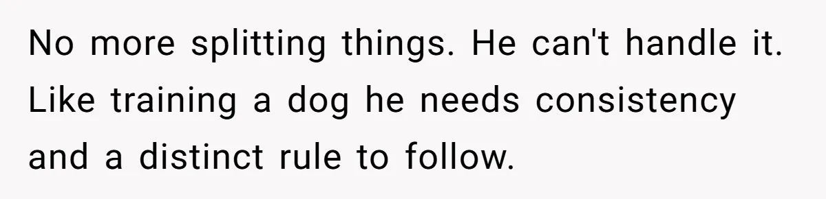 No more splitting things. He can't handle it. Like training a dog he needs consistency and a distinct rule to follow.